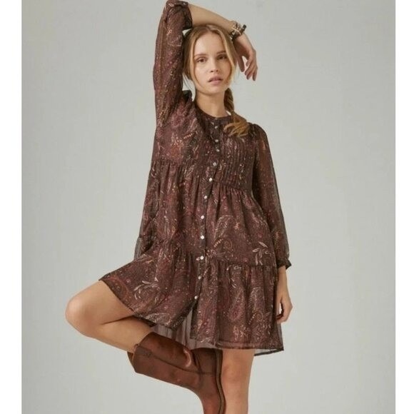 Lucky Brand Dresses & Skirts - Lucky Brand Brown Paisley Babydoll Dress Boho Long Sleeve Size Large Lined Body